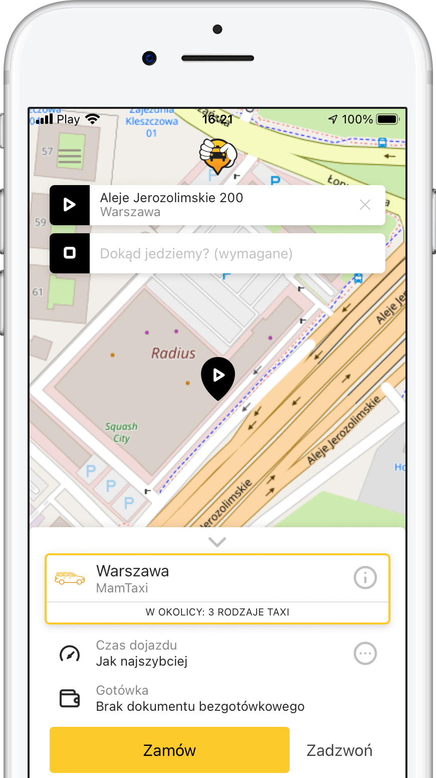 Proces zamawiania przejazdu w aplikacji mobilnej dla klientów